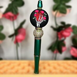 Gothic Skeleton Hand Holding Anatomical Heart & Roses Handmade Beaded Pen